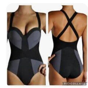 Spanx black and gray dot onepiece swim shapewear size small